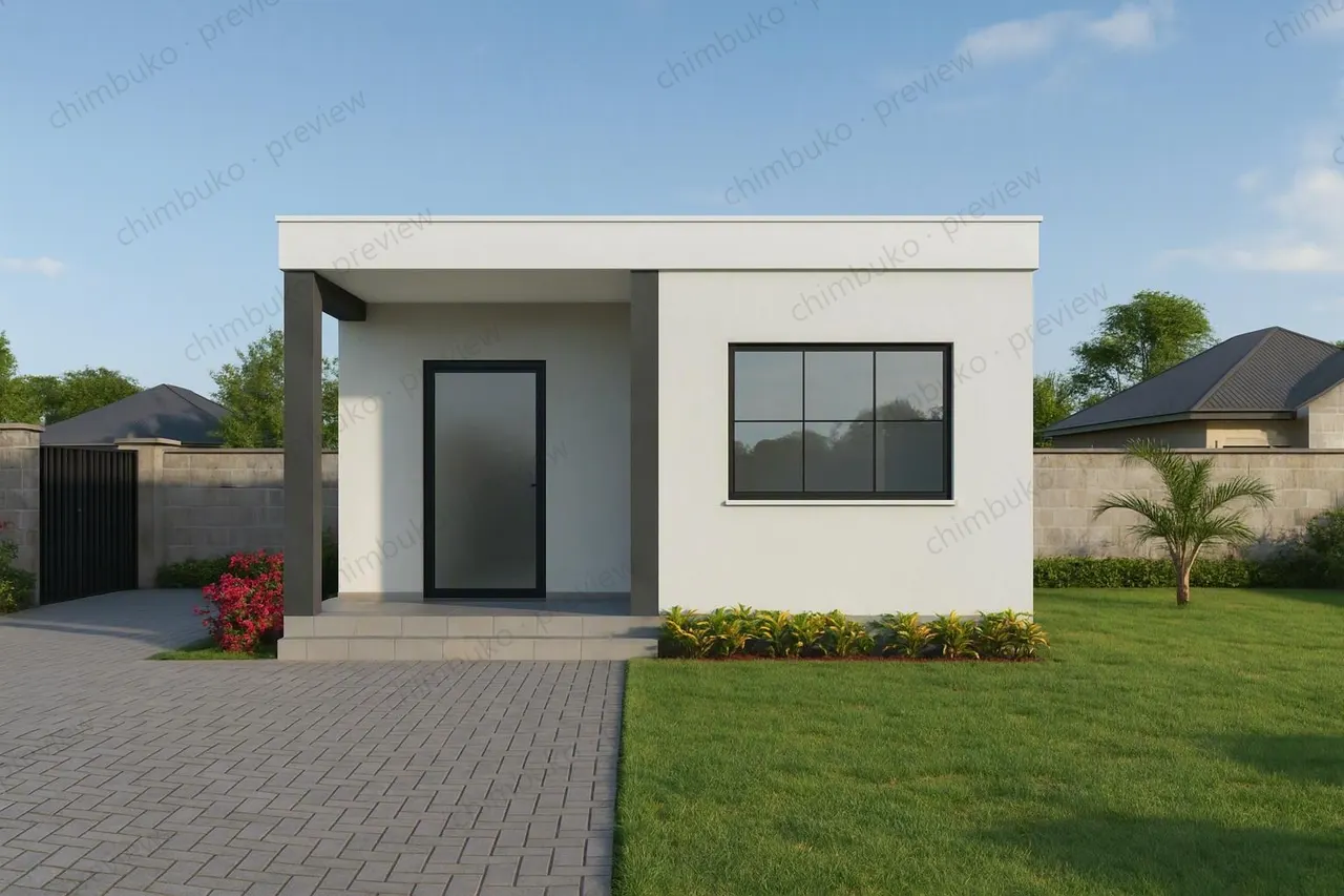 Front view of the compact 2-bedroom flat-roof bungalow for 40 by 80 plots