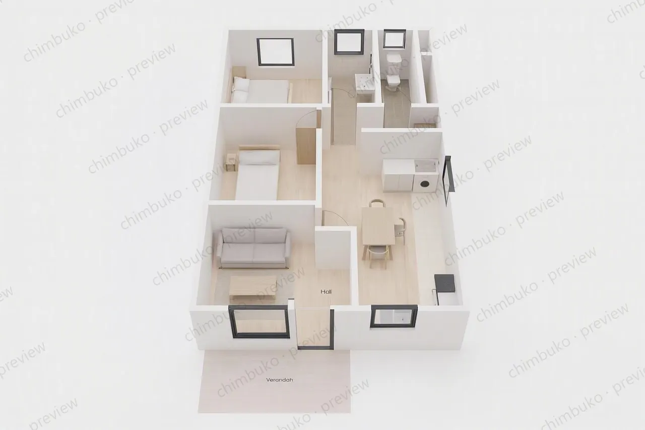 3D cutaway floor plan of the compact 2-bedroom bungalow
