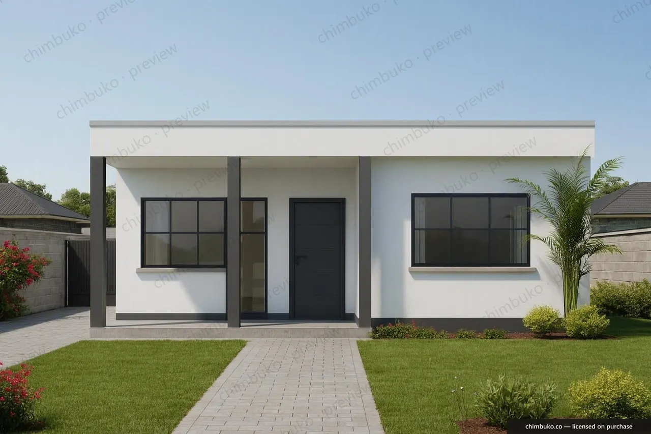 Front view of the modern 2-bedroom flat-roof bungalow