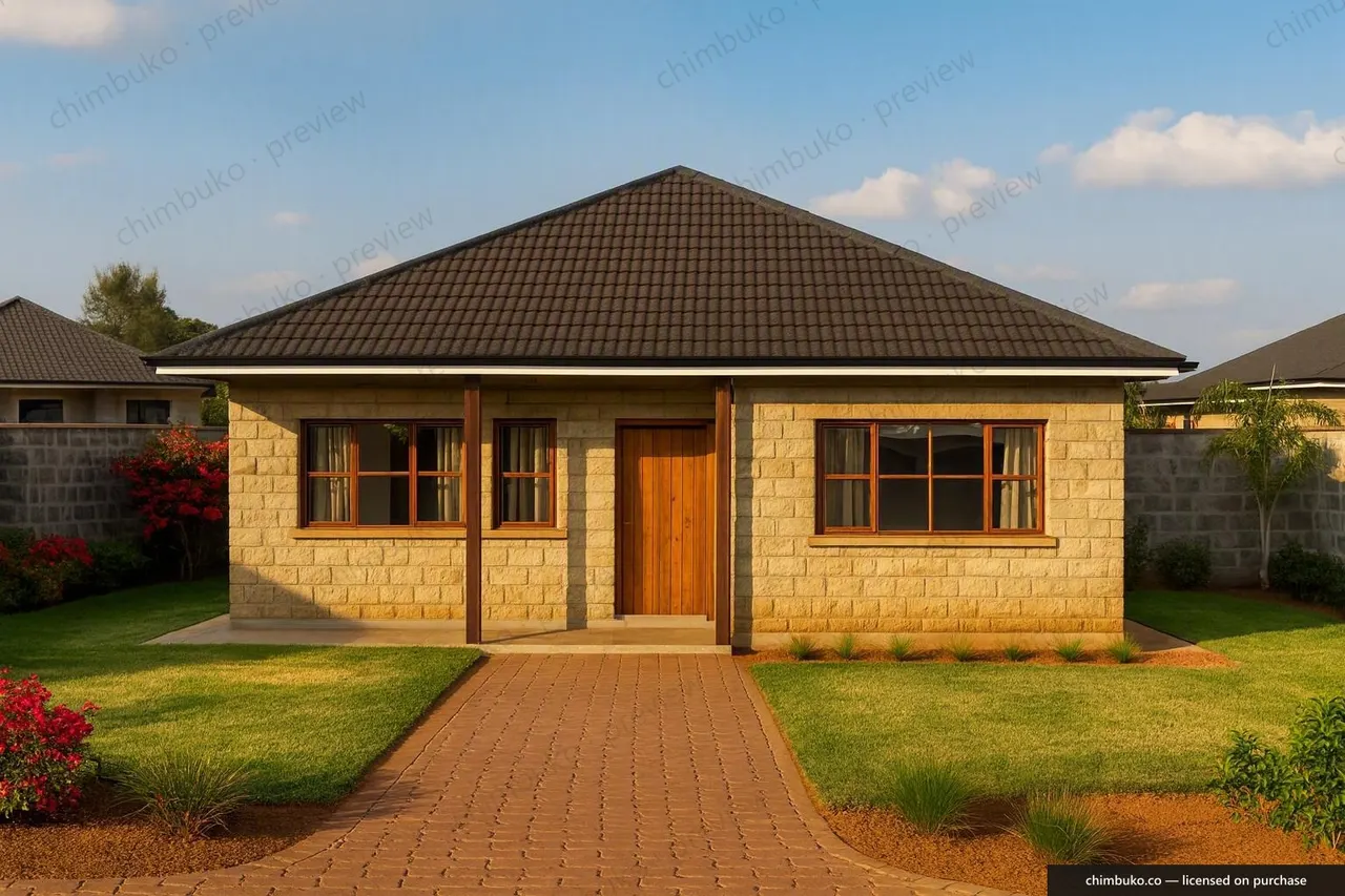 Front view of the classic 2-bedroom hip-roof starter bungalow