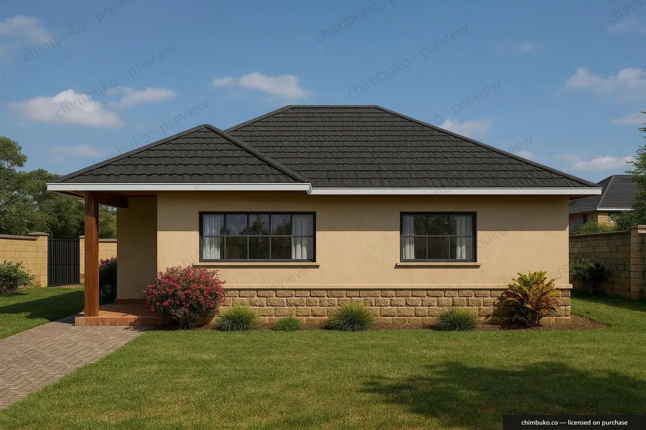 Left side view of the 2-bedroom hip-roof starter bungalow