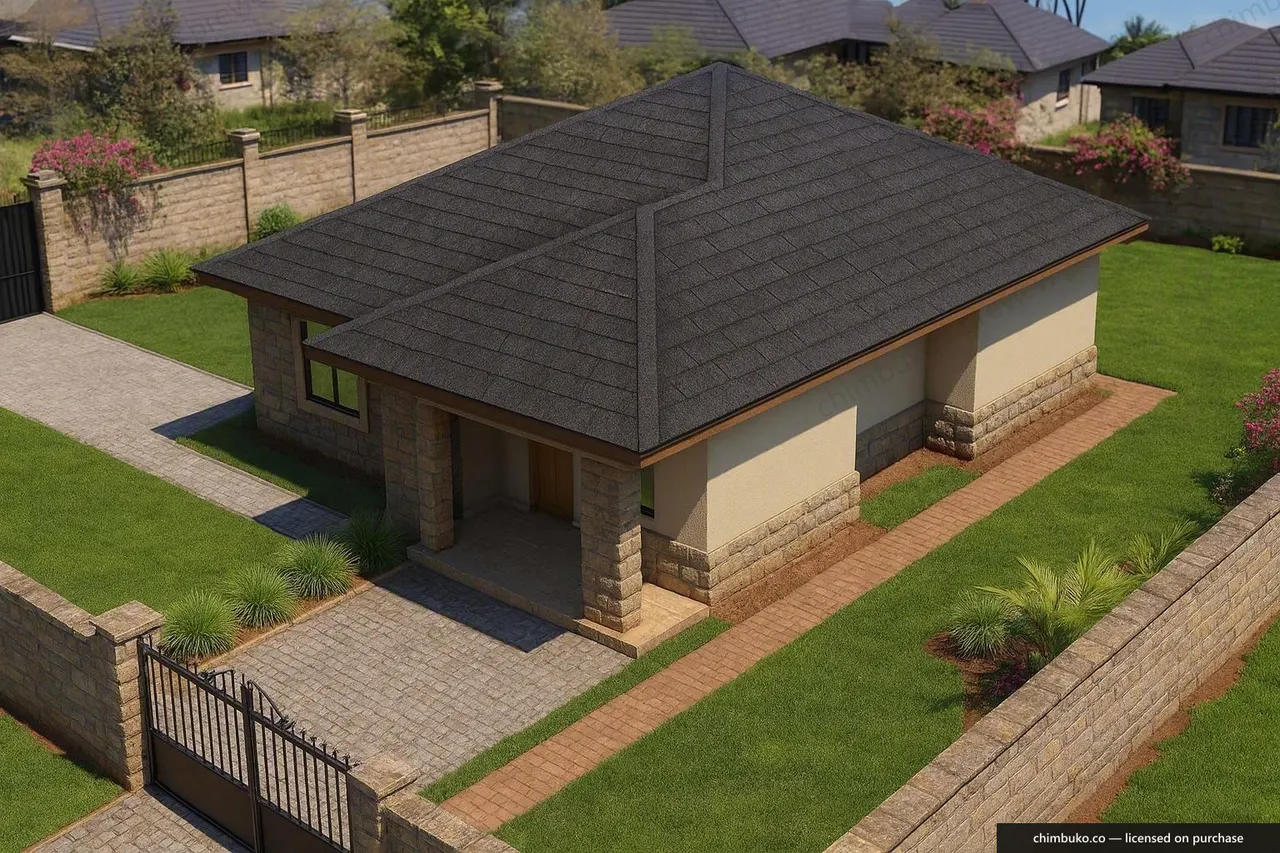 Working model view of the 2-bedroom hip-roof starter bungalow