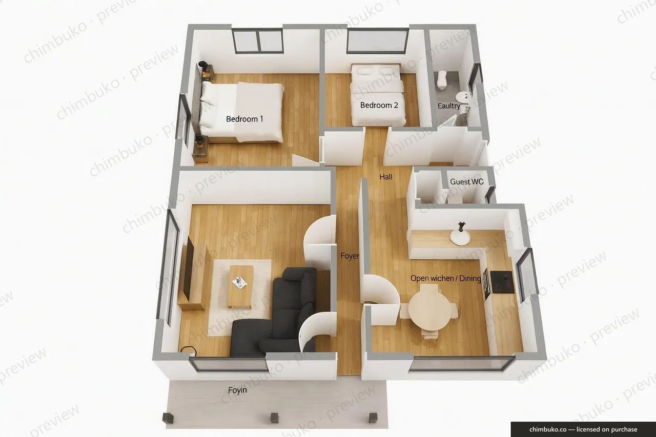3D cutaway floor plan of the 2-bedroom hip-roof starter bungalow