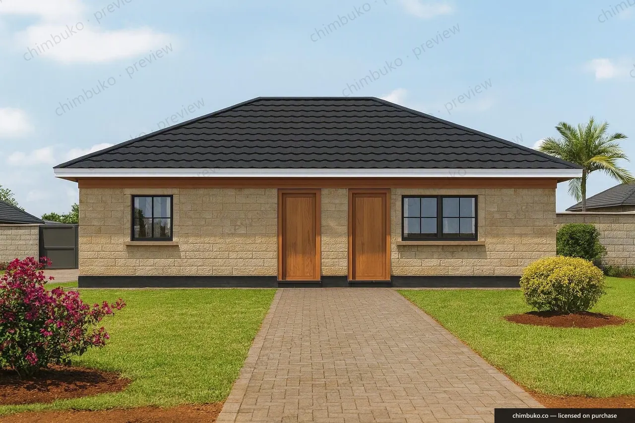 Right side view of the 2-bedroom hip-roof starter bungalow