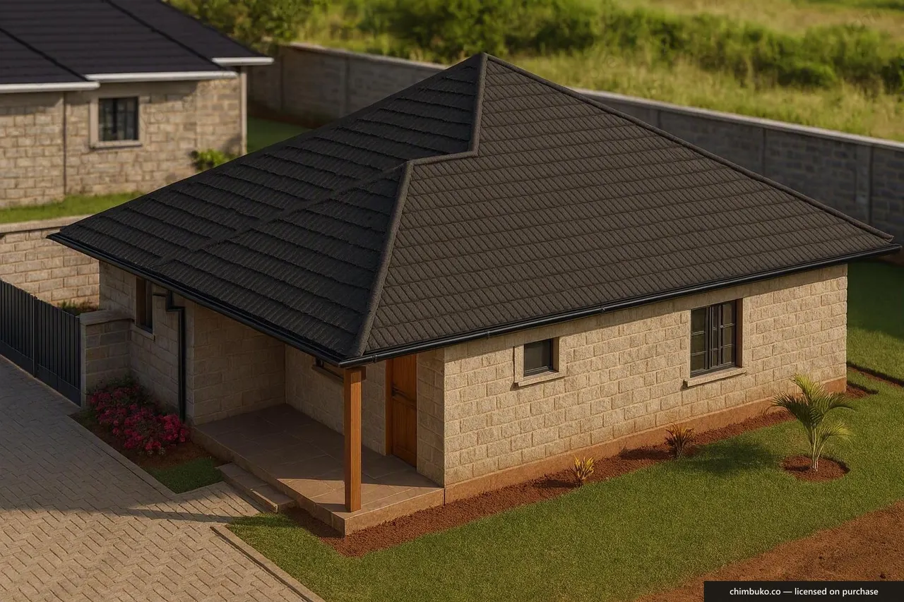 Roof view of the 2-bedroom hip-roof starter bungalow