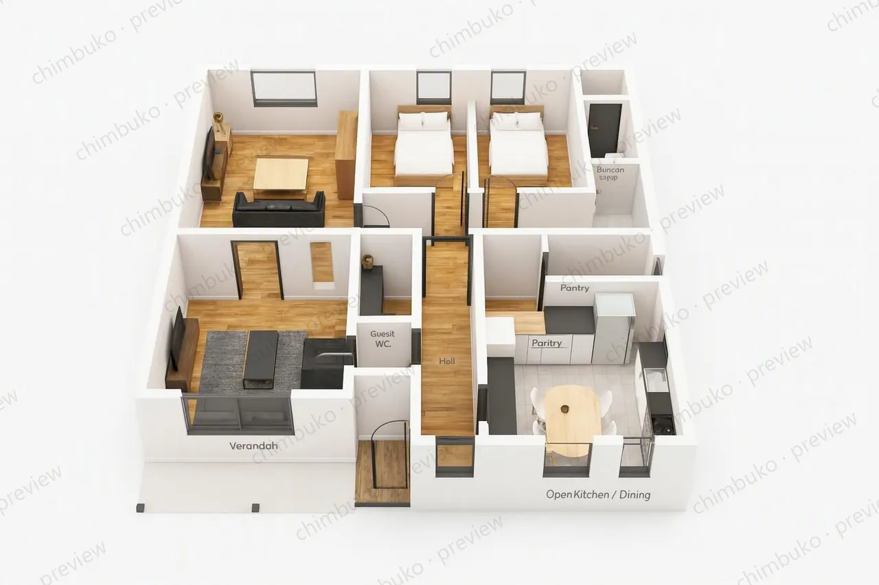 3D cutaway floor plan of the 3-bedroom bungalow with DSQ