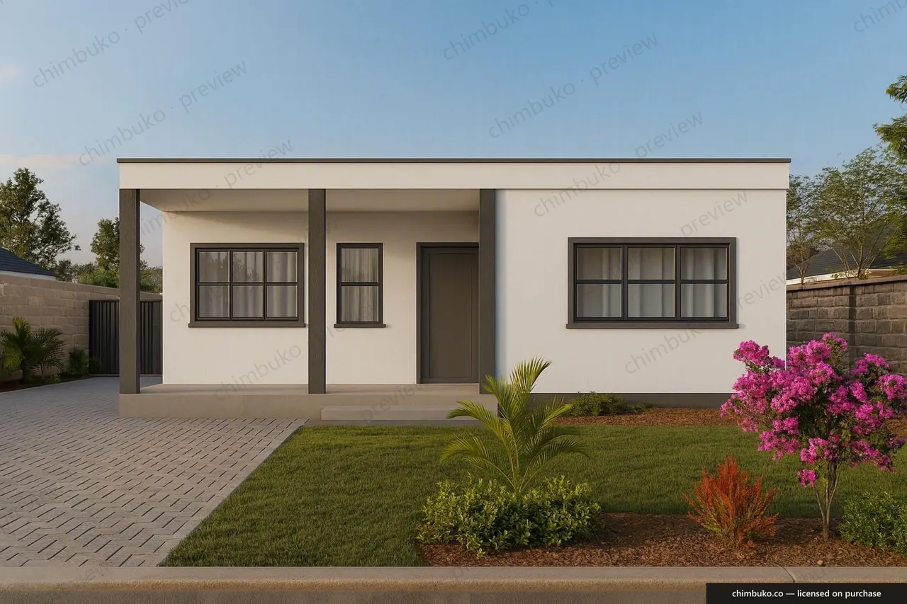 Front view of the modern 3-bedroom flat-roof bungalow