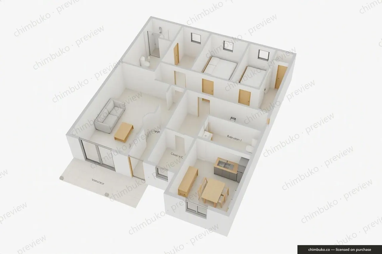 3D cutaway floor plan of the 3-bedroom flat-roof bungalow