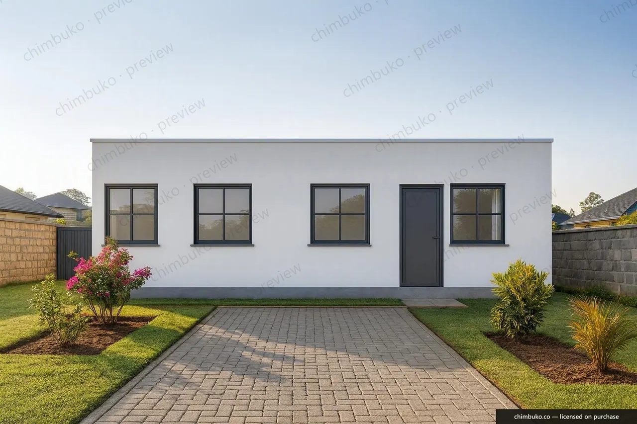 Rear view of the 3-bedroom flat-roof bungalow