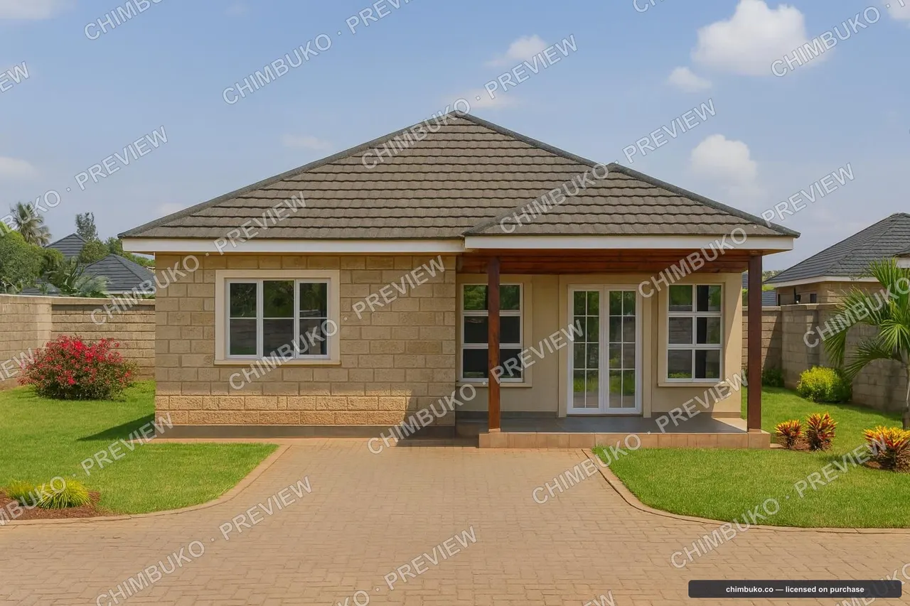 Photoreal front view of the 3-bedroom hip-roof bungalow