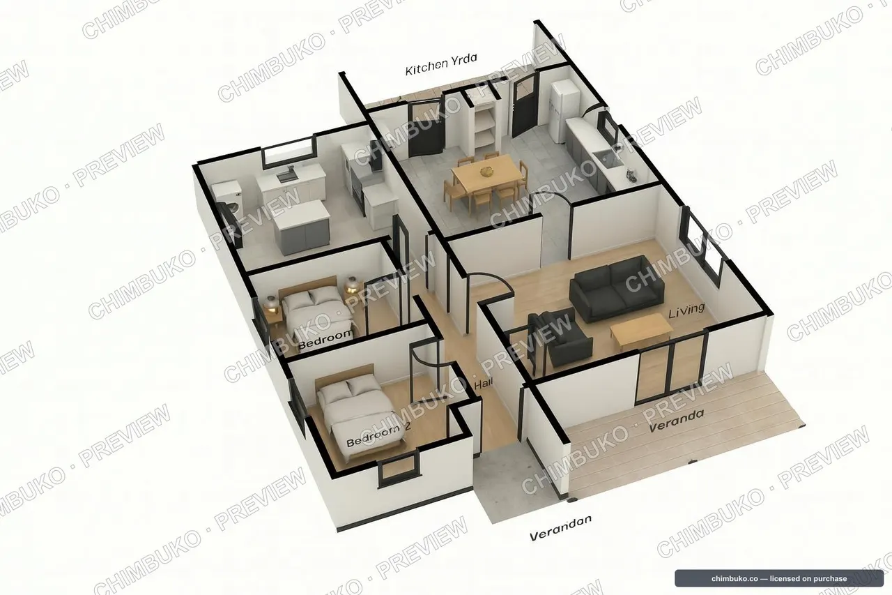 3D cutaway of a bungalow floor plan