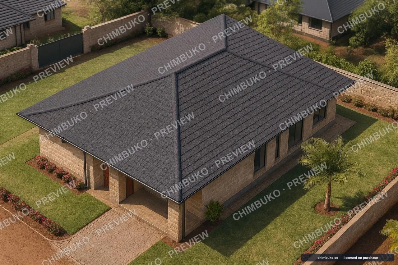 Aerial roof view of the 3-bedroom bungalow on its plot