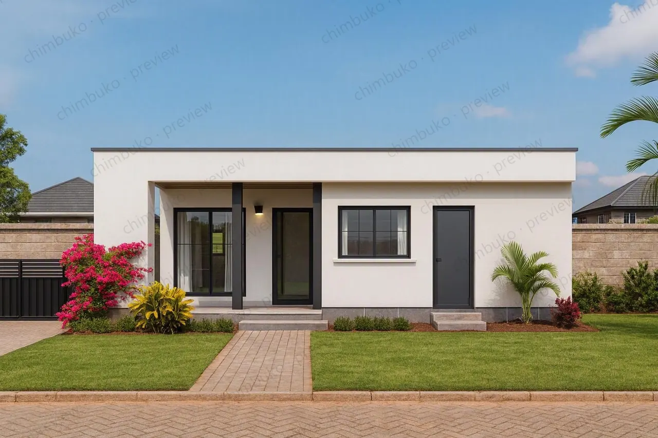 Front view of the 4-bedroom flat-roof bungalow with a study