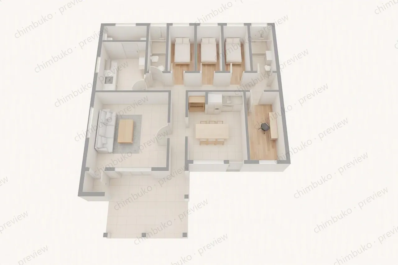 3D cutaway floor plan of the 4-bedroom flat-roof bungalow