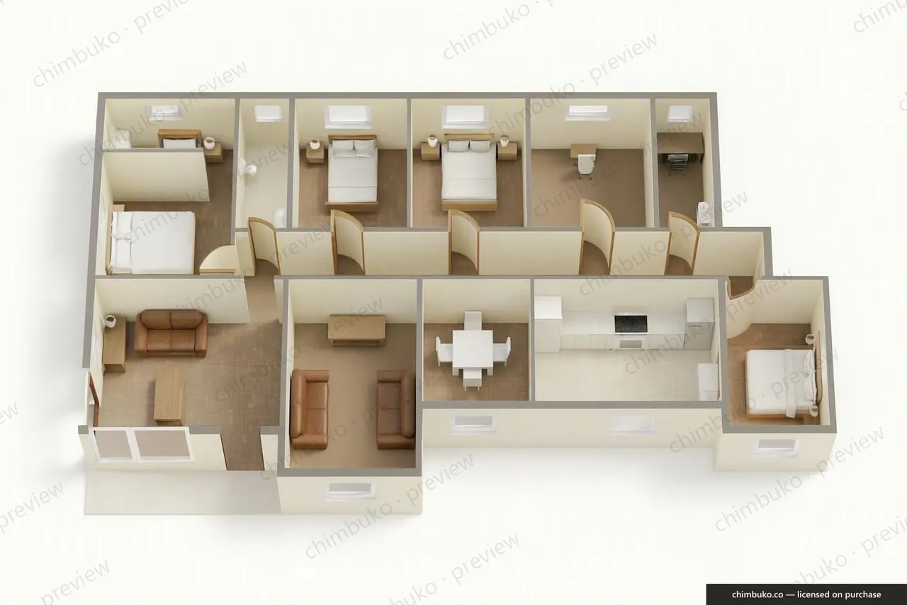 3D cutaway floor plan of the 4-bedroom family bungalow