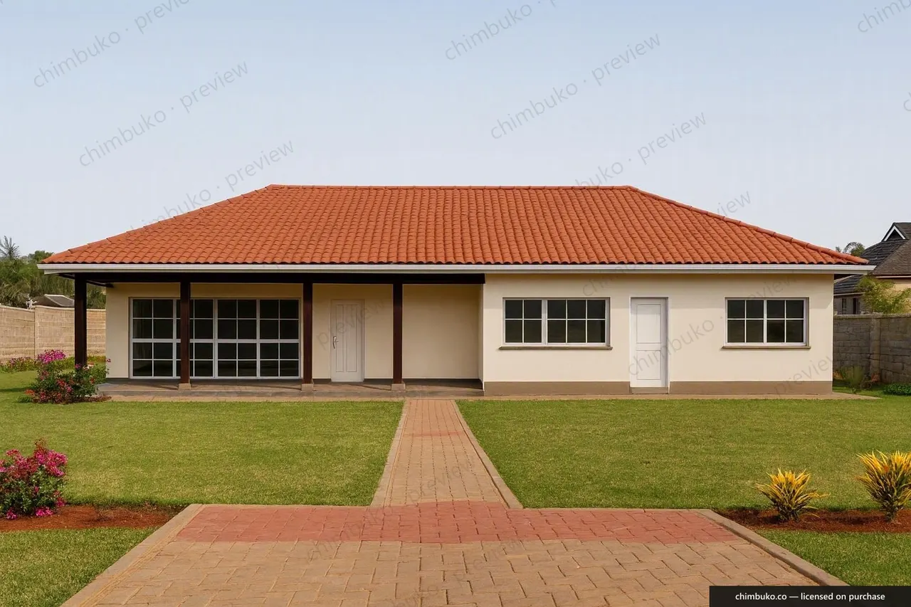 Front view of the 5-bedroom hip-roof family bungalow