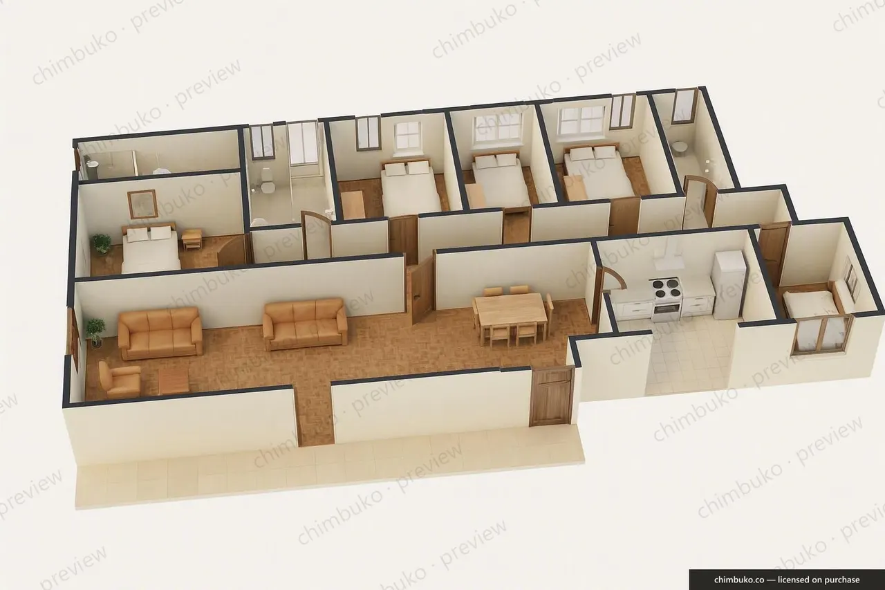 3D cutaway floor plan of the 5-bedroom family bungalow