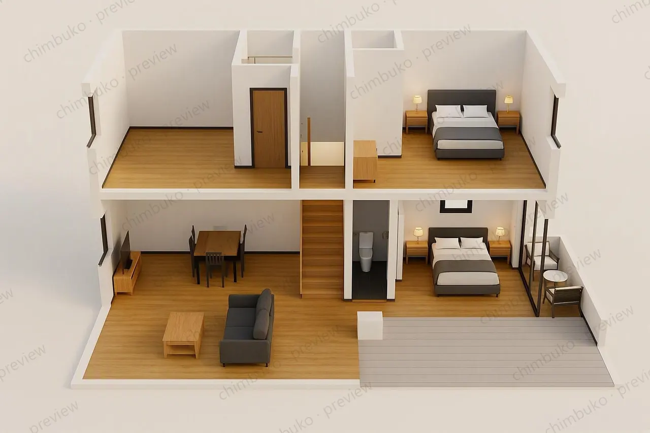 3D cutaway floor plan of the compact 3-bedroom maisonette