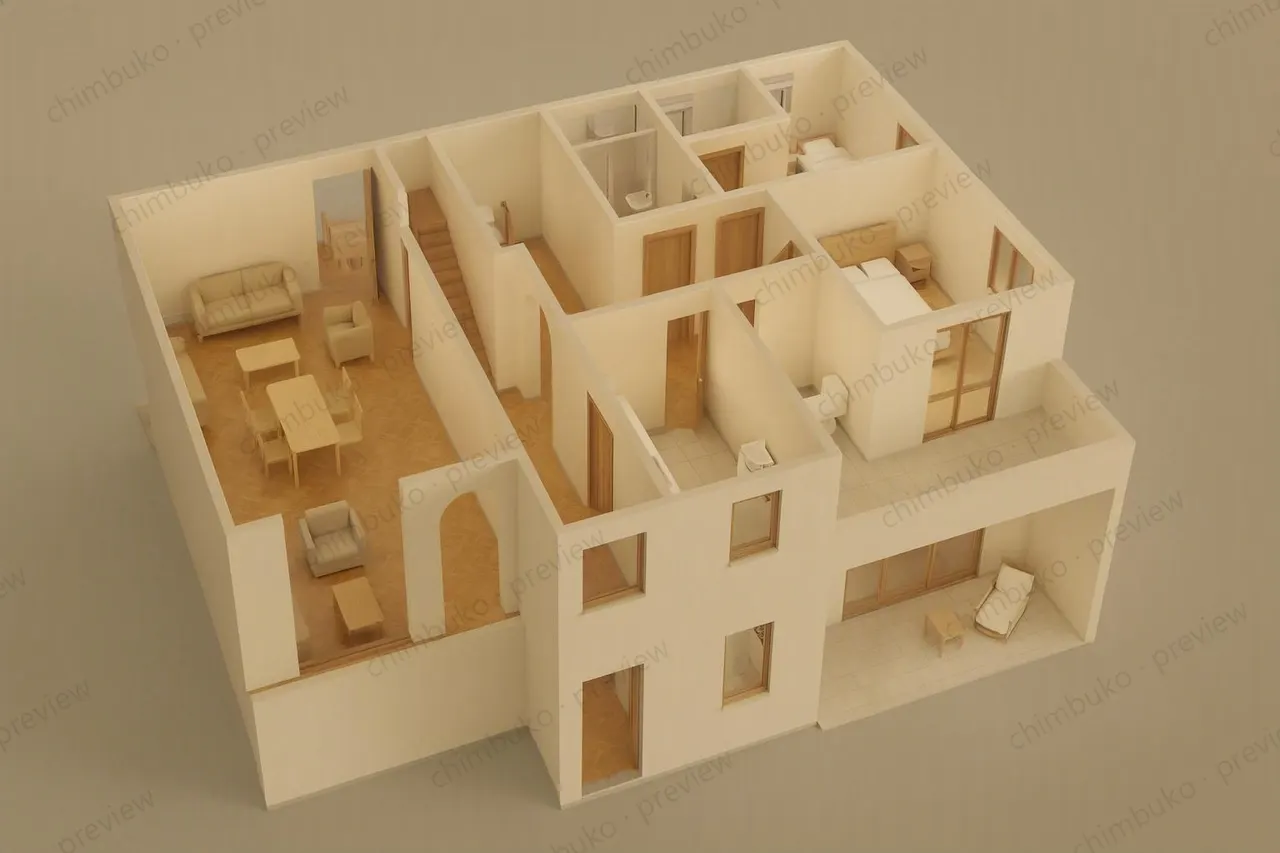 3D cutaway floor plan of the 3-bedroom hip-roof maisonette