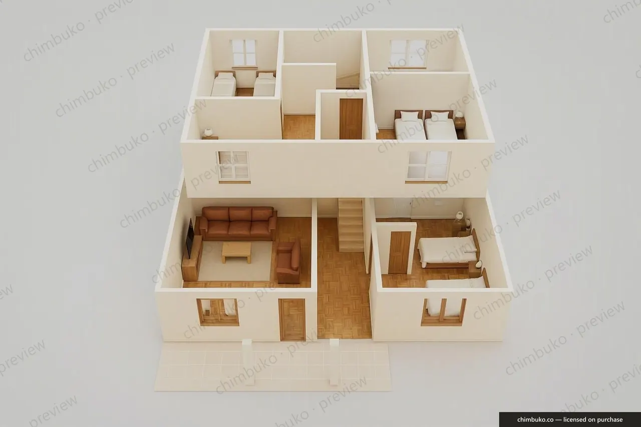 3D cutaway floor plan of the classic 4-bedroom maisonette